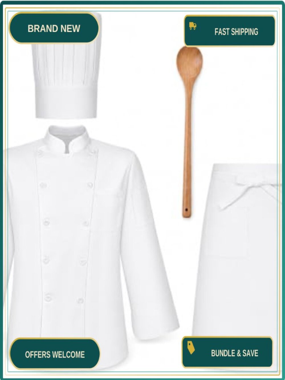 4 Piece Halloween Chef Costume Set with Jacket Hat Apron Spoon Unisex Adult